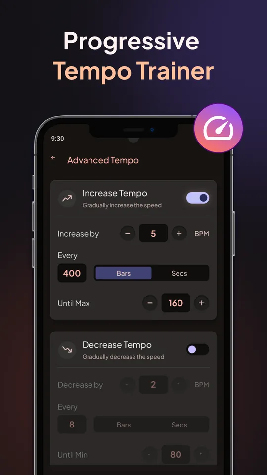 BeatFocus screenshot: Progressive tempo trainer