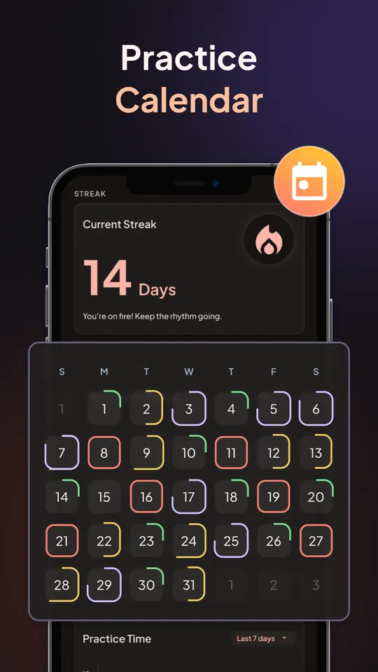 BeatFocus screenshot: Practice calendar