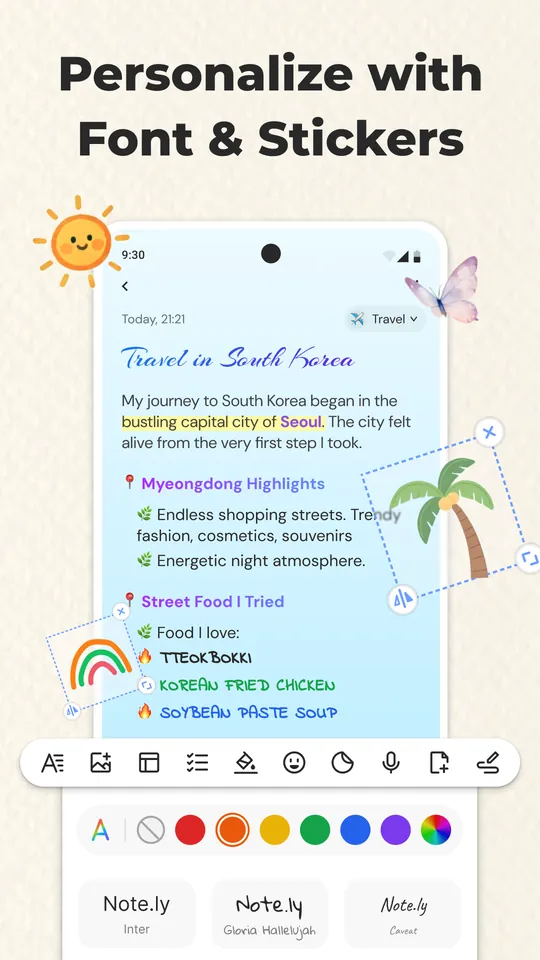 Note.ly screenshot: Personalize with fonts and stickers