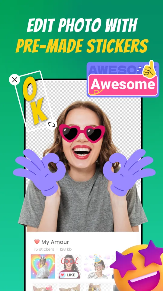Sticker Vibe screenshot: Edit photos with pre-made stickers